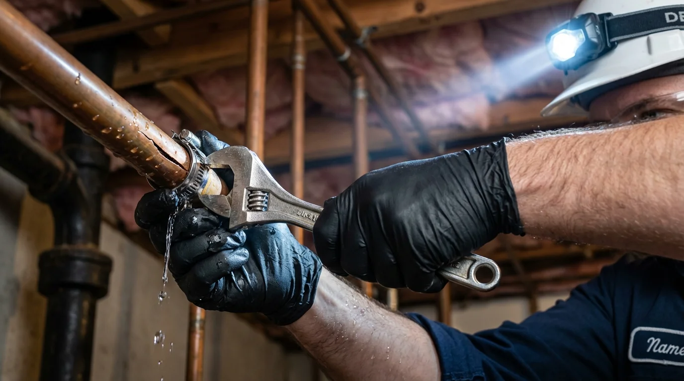 Emergency pipe clamp repair being performed by a Johns Plumbing LLC plumber in Stanley