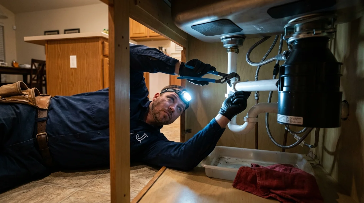 P-trap and supply line connections under a kitchen sink showing a common leak point in Stanley, VA